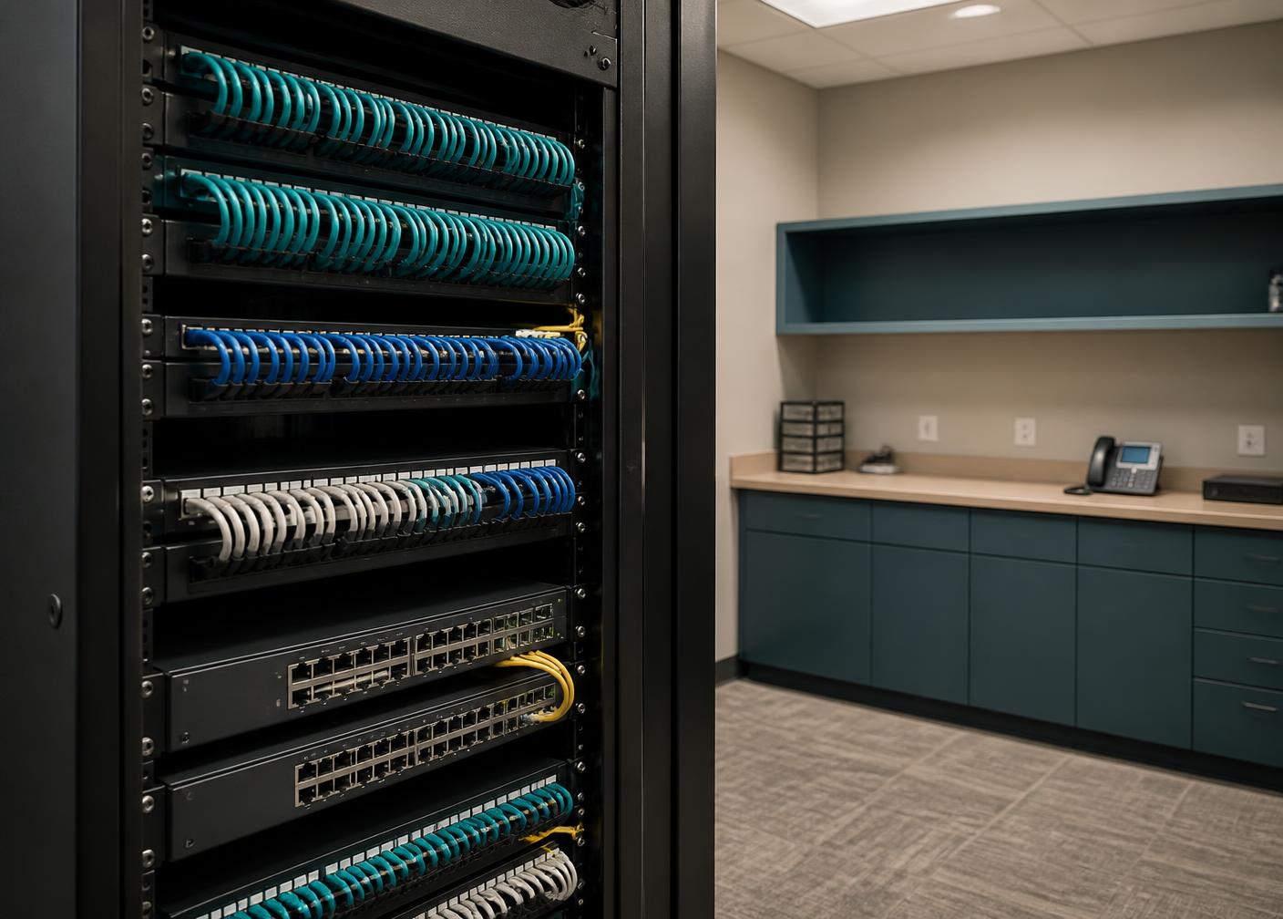 Commercial communications room with structured cabling patch panels and network switches
