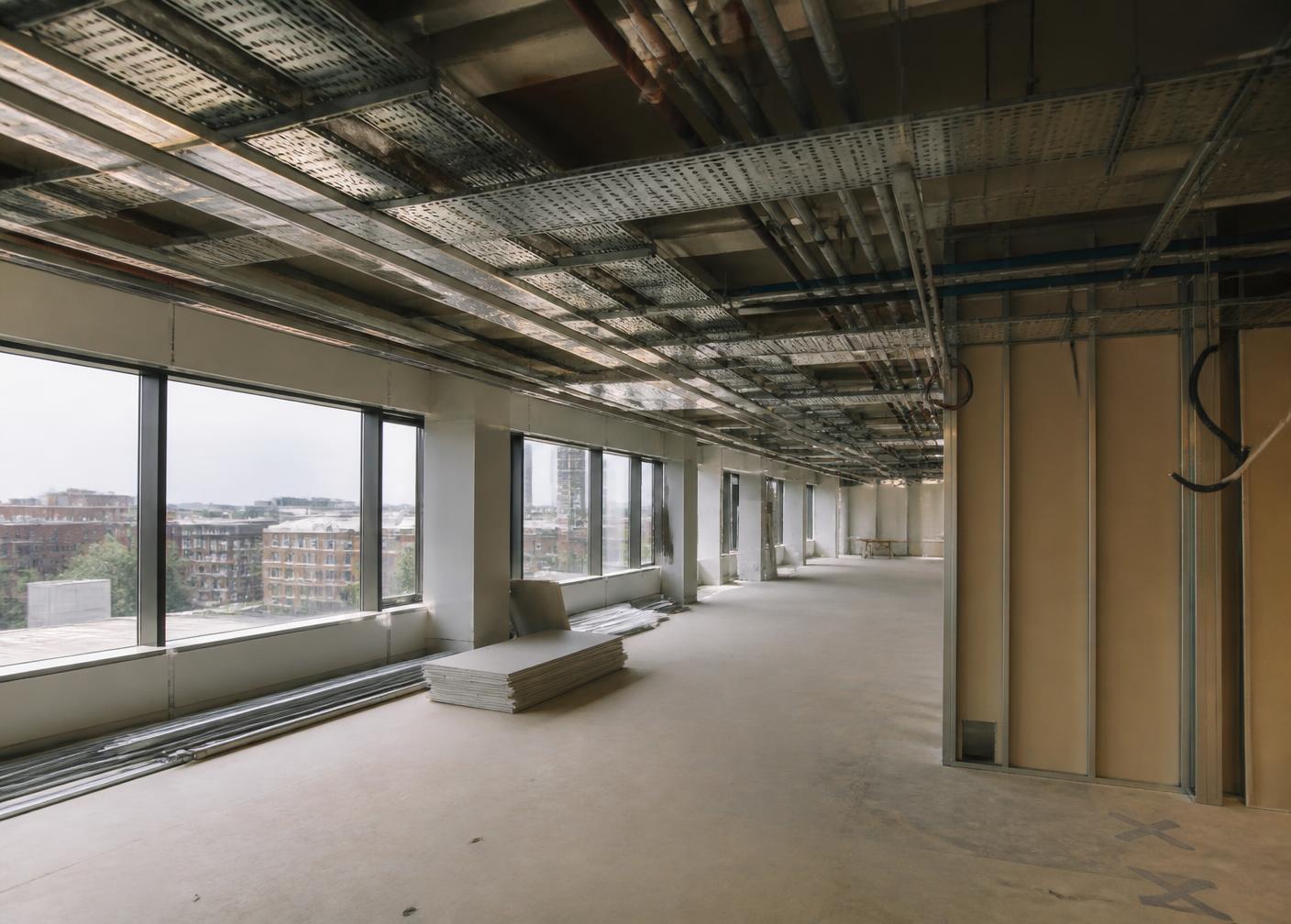 Commercial office fit out with exposed ceiling containment and cable tray before completion