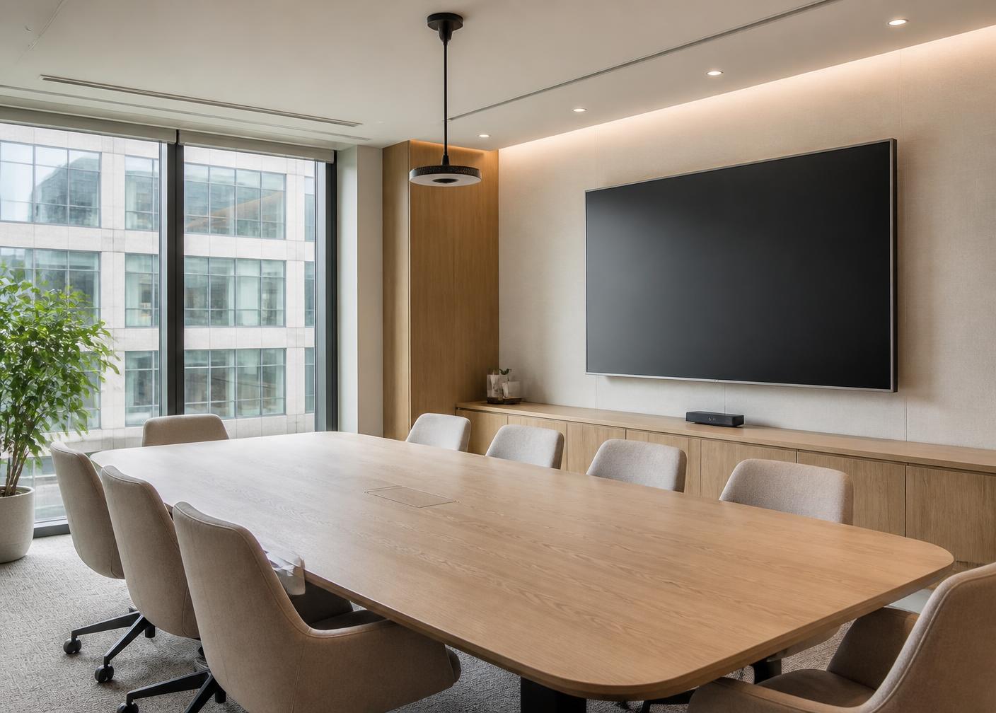 Modern meeting room with a wall mounted display and integrated audio visual technology